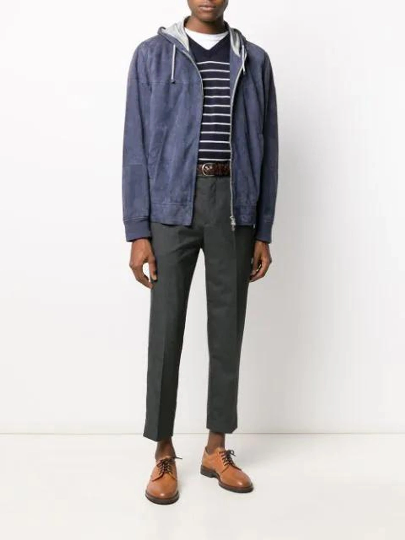 Farfetch's Post | Wearing: Brunello Cucinelli Mid-rise Straight Chinos In Grey; Brunello Cucinelli Hooded Zip-up Jacket In Blue; Brunello Cucinelli Classic Crewneck T In White
