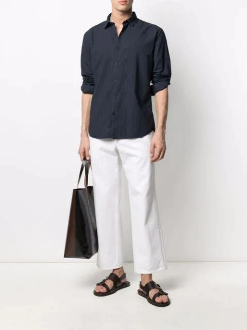 Farfetch's Post | Wearing: Costumein Domenico Mykonos Cotton Shirt In Blue; Prada Cropped Straight-leg Jeans In White; Apc Logo-print Leather Messenger Bag In Brown