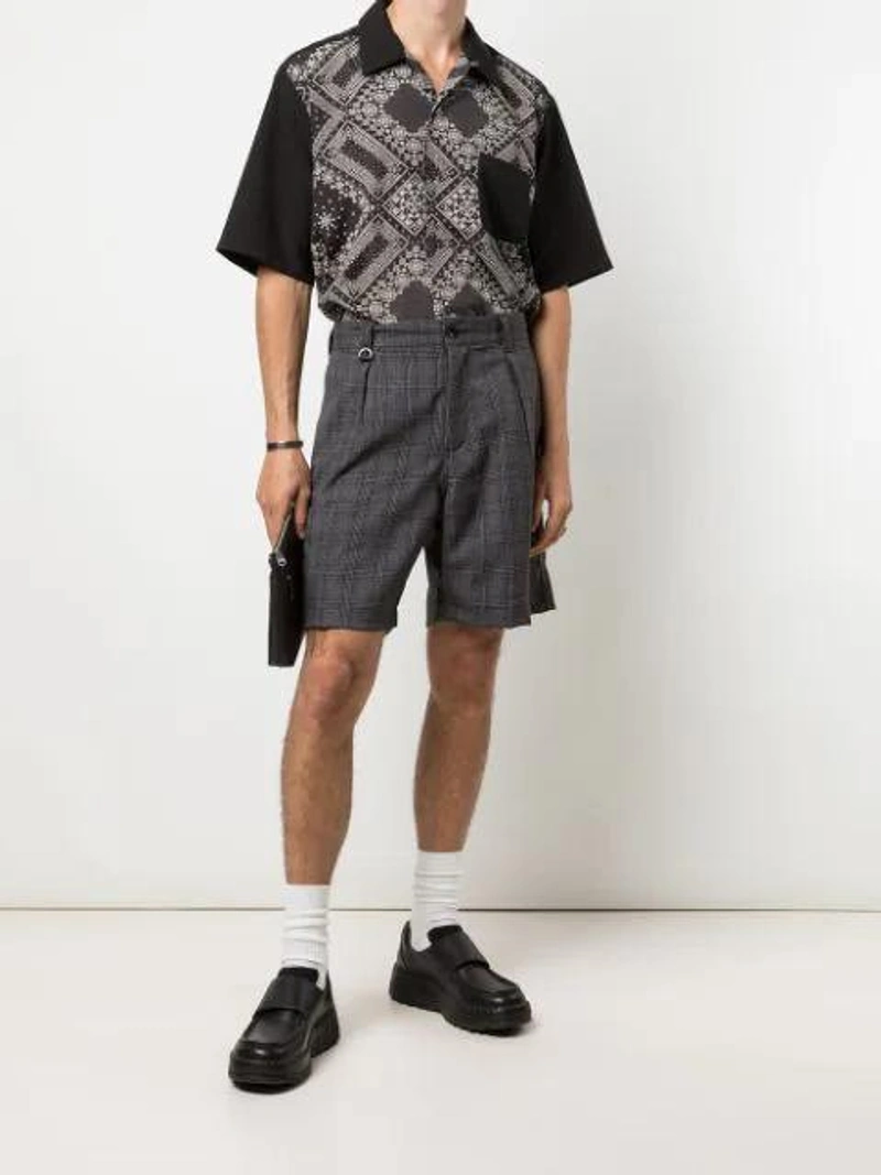 Farfetch's Post | Wearing: Sophnet Glen Check Tailored Shorts In Grey; Sophnet Mix Aloha Pattern Short-sleeved Shirt In Black