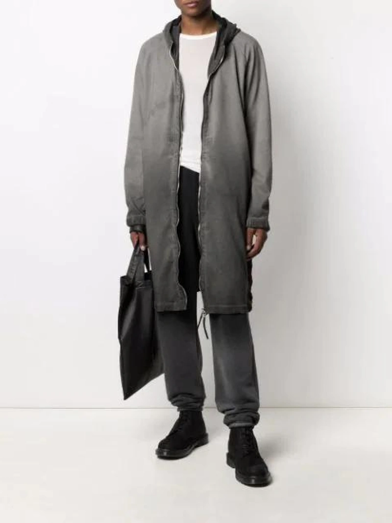 Farfetch's Post | Wearing: 11 By Boris Bidjan Saberi Jacket Dirty Grey Cold Dye In Green; Rick Owens Long-line Relaxed T-shirt In Weiss; Les Tien Straight-leg Tapered Track Trousers In Black
