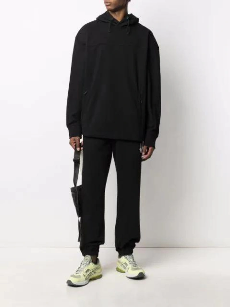 Farfetch's Post | Wearing: Y-3 Classic Chest Logo Hoodie In Black; Off-white Diagonal Striped Track Pants In Black; Y-3 Ch3 Logo-print Shoulder Bag In Black