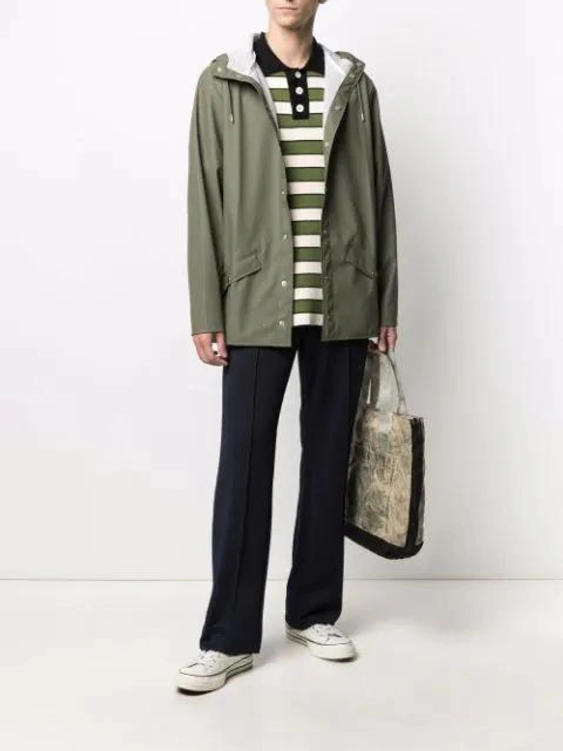 Farfetch's Post | Wearing: Rains Long-sleeve Hooded Raincoat In Olive; See By Chloé Cropped Patchwork Trousers In White; Peony + Net Sustain Gingham Organic Cotton And Ecovero-blend Blouse In Orange