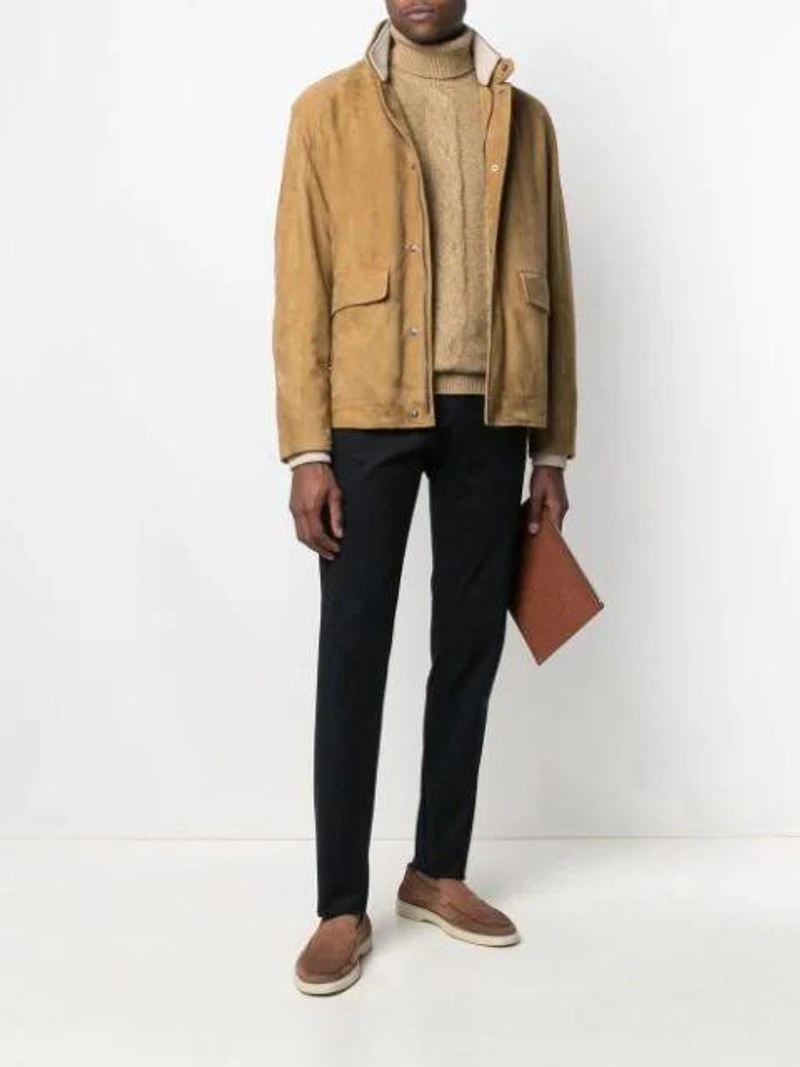 Farfetch's Post | Wearing: Loro Piana Single-breasted Suede Jacket In Neutrals; Loro Piana Cable-knit Roll-neck Cashmere Jumper In Yellow; Loro Piana Slim-fit High-rise Trousers In Blue
