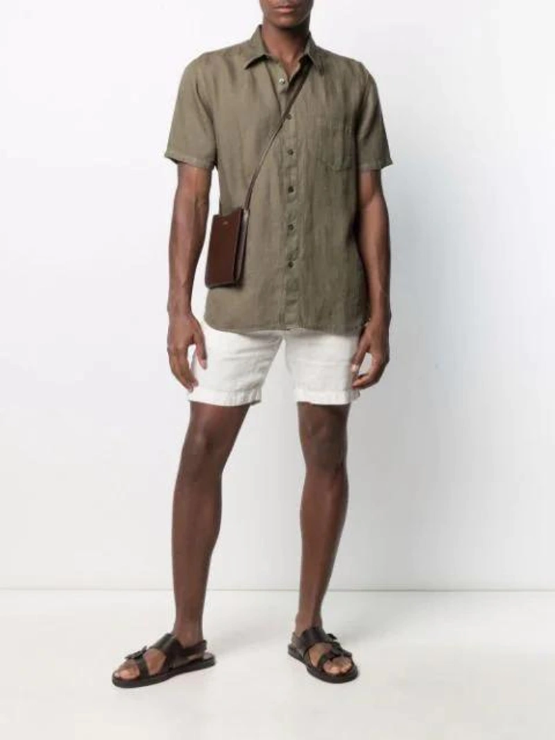 Farfetch's Post | Wearing: 120% Lino Plain Button-down Shirt In Green; 120% Lino Slim-cut Shorts In White; Ermenegildo Zegna Slingback Gladiator Sandals In Brown