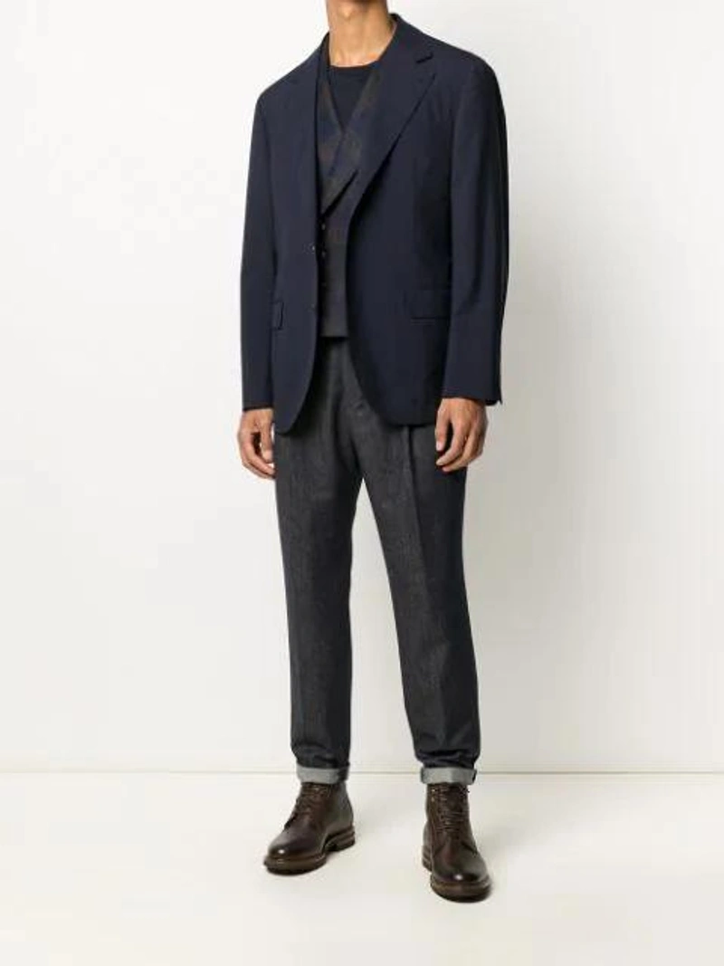 Farfetch's Post | Wearing: Brunello Cucinelli Notched Lapels Blazer In Blue; Brunello Cucinelli Drawstring Straight-leg Trousers In Navy; Brunello Cucinelli Crew Neck T In Blue
