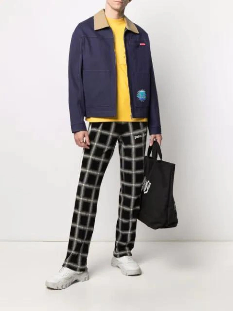 Farfetch's Post | Wearing: Paccbet Contrast-collar Zip-up Shirt Jacket In Blue; Palm Angels Logo-print Checked-velour Track Pants In Black; Off-white Shopper Mit Zitat-print In Black