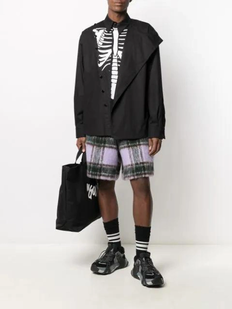 Farfetch's Post | Wearing: Duoltd Skeleton Layered Shirt In Black; Anonymous Ism Multicoloured Three Stripe Socks Set In Black; Off-white Shopper Mit Zitat-print In Black