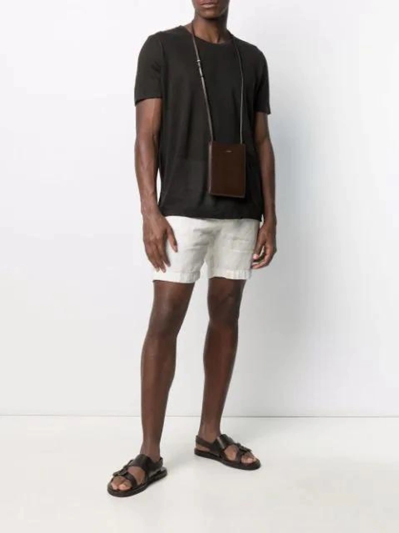Farfetch's Post | Wearing: 120% Lino Round-neck Linen T-shirt In Black; 120% Lino Slim-cut Shorts In White; Apc Logo-print Leather Messenger Bag In Brown