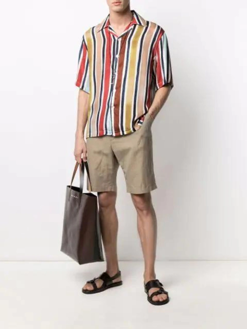 Farfetch's Post | Wearing: Costumein Stripe-print Short-sleeved Shirt In Multicolor; Marni Love Beaded Necklace In Black; Ermenegildo Zegna Slingback Gladiator Sandals In Brown