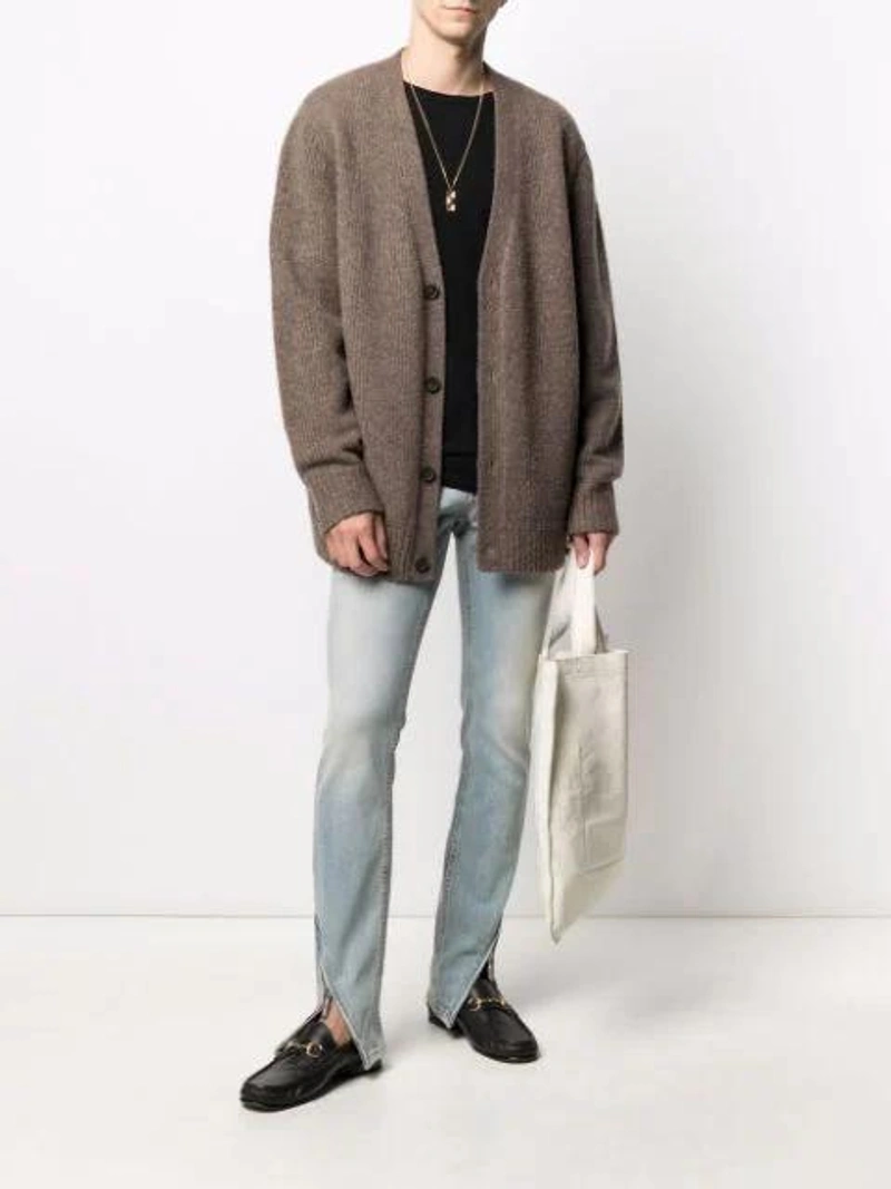 Farfetch's Post | Wearing: Laneus Slouchy Jersey T-shirt In Black; Acne Studios Brown Wool & Cashmere Cardigan In Mink Brown; Rick Owens Shopper Im Used-look In White