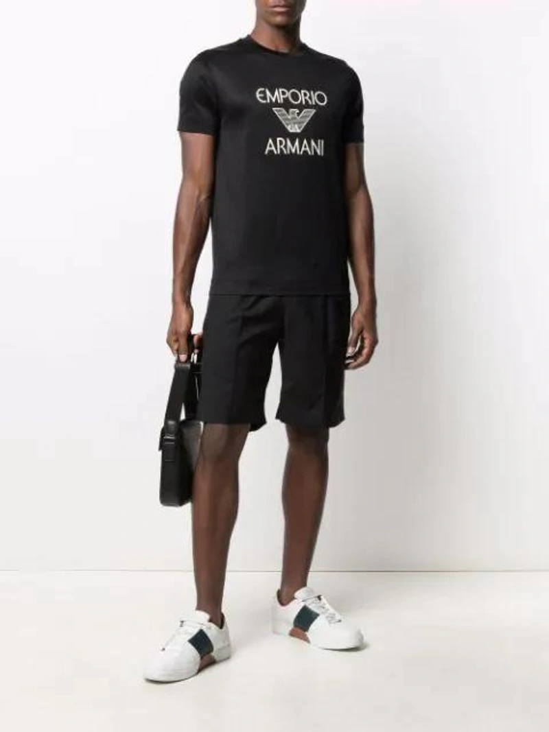 Farfetch's Post | Wearing: Y-3 Black Classic Logo Shorts; Emporio Armani Logo-print Cotton T-shirt In Black; Hugo Black Leather Cross Body Bag