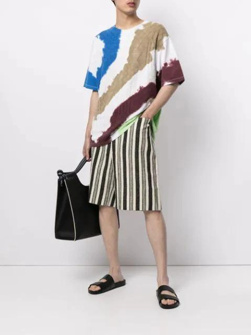 Farfetch's Post | Wearing: Coohem Tie-dye Print T-shirt In Blue; Pronounce Multicolour Stripe Bermuda Shorts; Marni Black Marcel Knot Leather Tote Bag In Blue