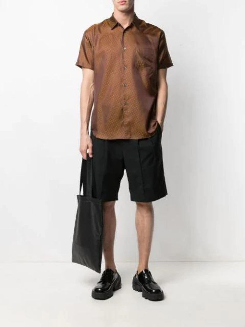 Farfetch's Post | Wearing: Comme Des Garçons Shirt Polka-dot Pattern Shirt In Khaki; Y-3 Black Classic Logo Shorts; Balenciaga Logo-print Full-grain Leather Cardholder In 1090 - Black