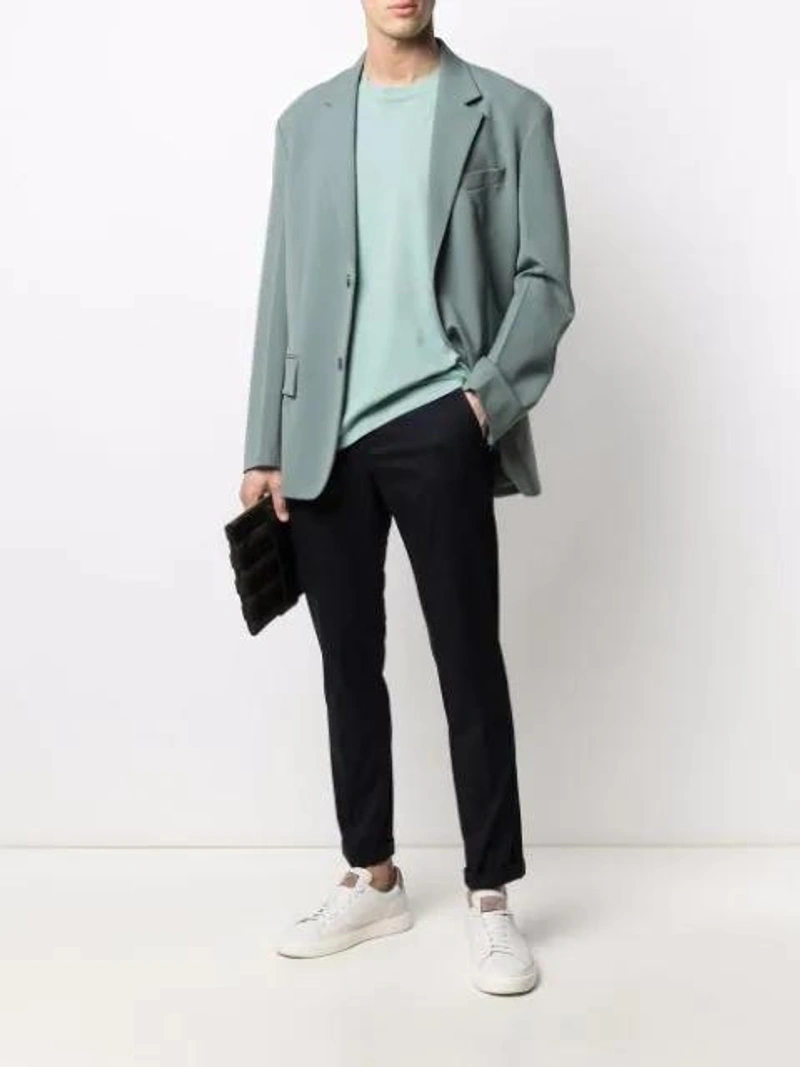 Farfetch's Post | Wearing: Dondup Low-rise Straight-leg Jeans In Blau; Ami Alexandre Mattiussi Logo-embroidered Cotton-jersey T-shirt In Green Aqua