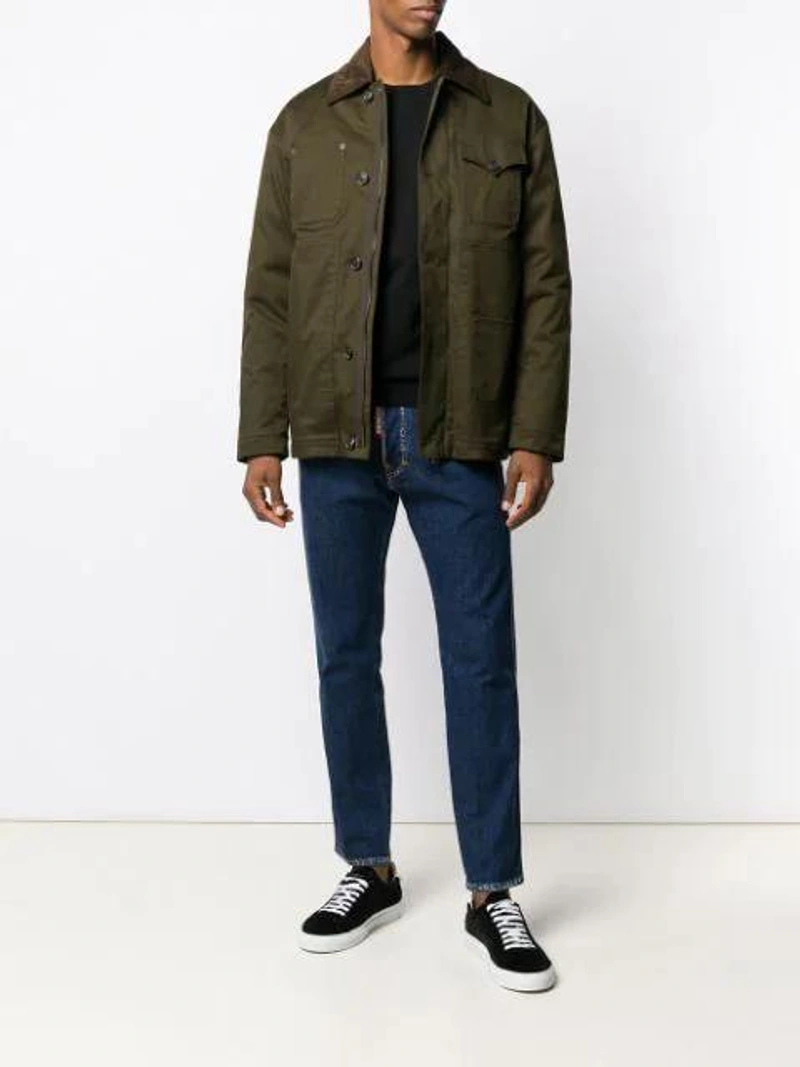 Farfetch's Post | Wearing: Dsquared2 Classic Safari Jacket In Green; Off-white Diagonal Gradient Print Cotton-jersey Sweatshirt In Black; Givenchy Black And White Urban Street Low Top Velvet Sneakers