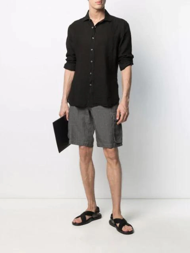 Farfetch's Post | Wearing: 120% Lino Plain Button-down Shirt In Black; 120% Lino Knee-length Cargo Shorts In Grey; Off-white Clutch Mit Diagonalen Streifen In Black