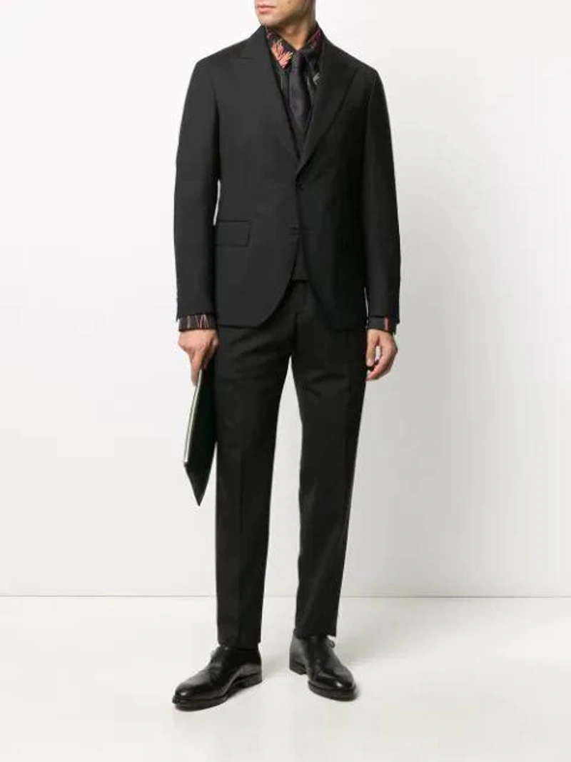 Farfetch's Post | Wearing: Gabriele Pasini Plain Single Breasted Suit In Black; Saint Laurent Black Polka Dot Silk Blend Tie In Blue