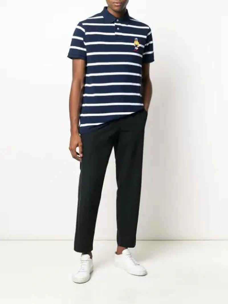 Farfetch's Post | Wearing: Polo Ralph Lauren Mens Bear Applique Striped Polo Shirt In Blue; Folk Straight In Blue; Common Projects White Achilles Sneakers
