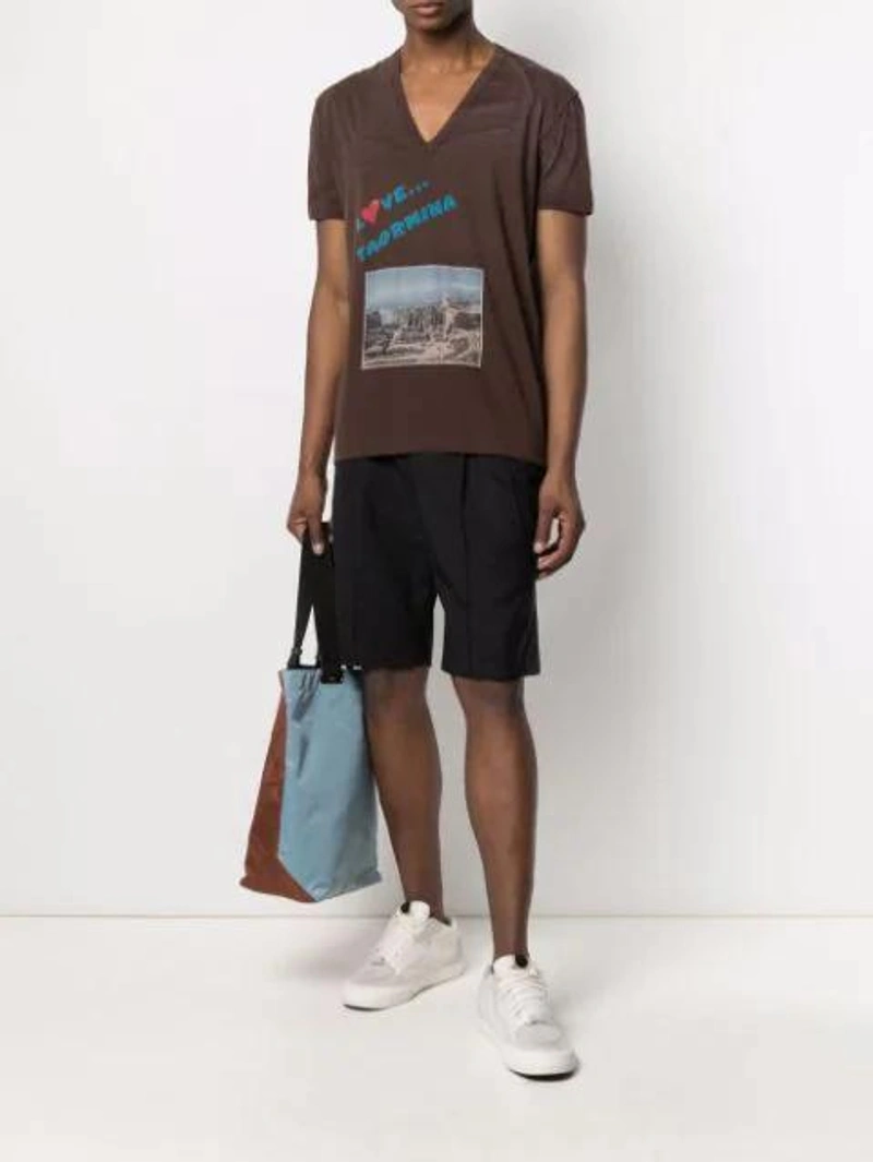 Farfetch's Post | Wearing: Y-3 Black Classic Logo Shorts; Pre-owned Dolce & Gabbana 1990s Photograph-print T-shirt In Brown; Marni Two-tone Tote Bag In Brown