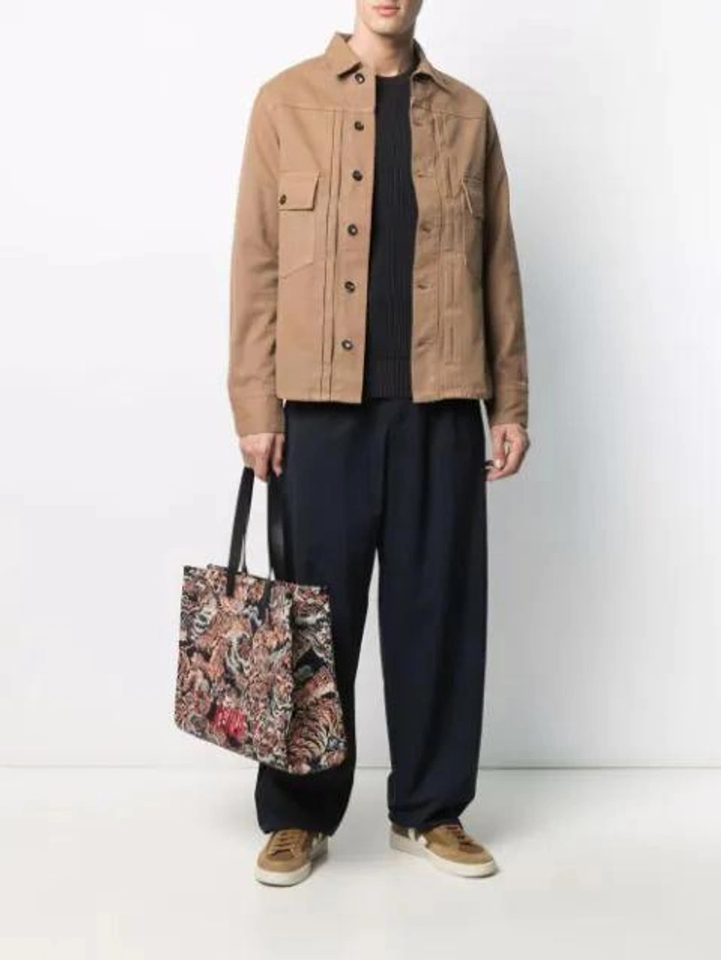 Farfetch's Post | Wearing: Nine In The Morning Pleated Cotton Jacket In Brown; Kenzo Tiger Embroidered Tote Bag In Black; Veja Brown V-12 Low Top Suede Sneakers