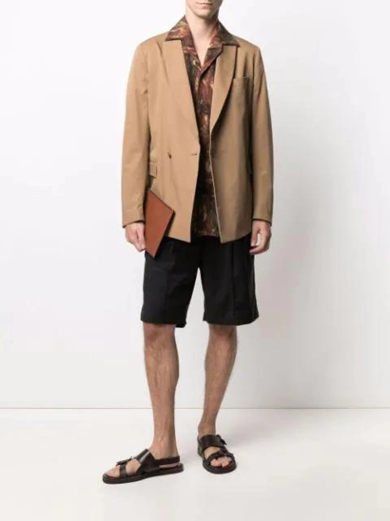 Farfetch's Post | Wearing: Y-3 Black Classic Logo Shorts; Costumein Single-breasted Cotton Blazer In Neutrals; Nanushka Brown Ville Amfora Print Bowling Shirt