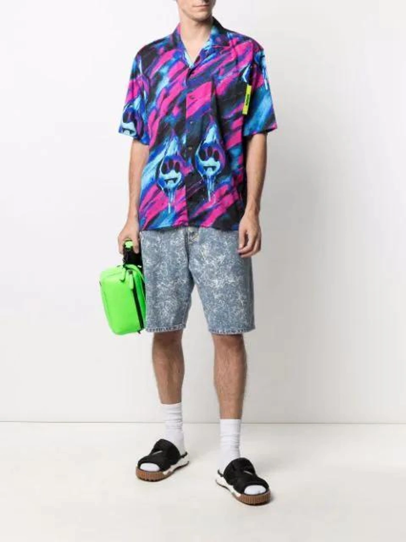 Farfetch's Post | Wearing: Mumofsix Barrow Graphic-print Shirt In Black; Asceno Rivello Wide Leg Linen Trousers In White; By Far 'manu' Semi Patent Leather Baguette Shoulder Bag In Green