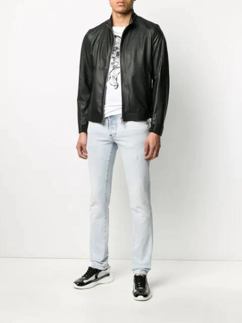 Farfetch's Post | Wearing: Drome Zipped Leather Bomber Jacket In Black; Dsquared2 Sugar Cool Guy Light-wash Jeans In Blue; Valentino Astronault Graphic T-shirt In White