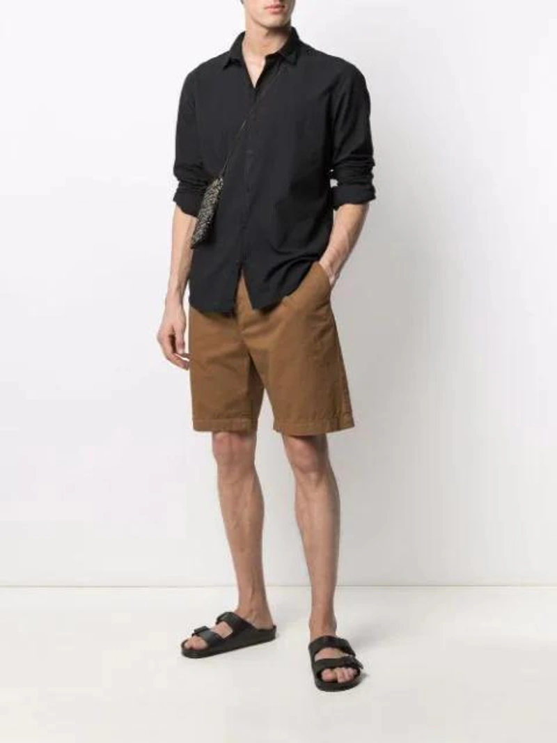 Farfetch's Post | Wearing: Birkenstock Essentials Arizona Waterproof Slide Sandal In Black Patent; Costumein Domenico Mykonos Cotton Shirt In Black; Sunspel Elasticated Cotton Shorts In Brown