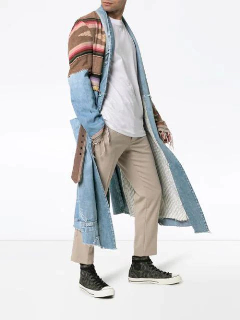 Farfetch's Post | Wearing: Greg Lauren Contrast Denim And Knit Kimono Style Jacket In Multicoloured; Song For The Mute Slim Fit T-shirt In White; Haider Ackermann Tailored Wool Cropped Trousers In Neutrals