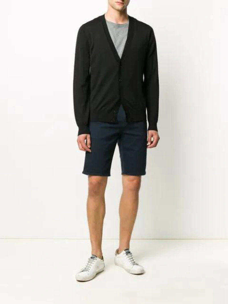 Farfetch's Post | Wearing: Emporio Armani V-neck Fine Knit Cardigan In Black; J Brand Denim Chino Shorts In Blue; Apc A.p.c Classic T-shirt In Gris Chine