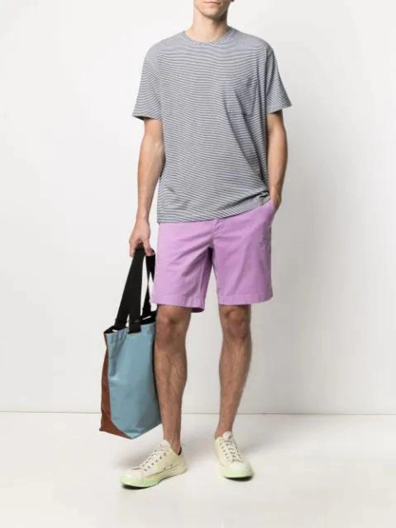 Farfetch's Post | Wearing: Closed Straight-leg Chino Shorts In Purple; Marni Two-tone Tote Bag In Brown; Converse Pigalle Chuck 70 Coated-canvas Sneakers In Whtgryvolt