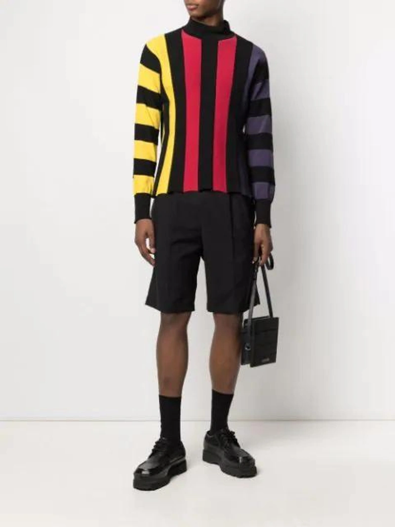 Farfetch's Post | Wearing: Pre-owned Issey Miyake 2000s Stripe-print Sweatshirt In Black; Y-3 Black Classic Logo Shorts; Acne Studios Square-toe Grained-leather Derby Shoes In Black
