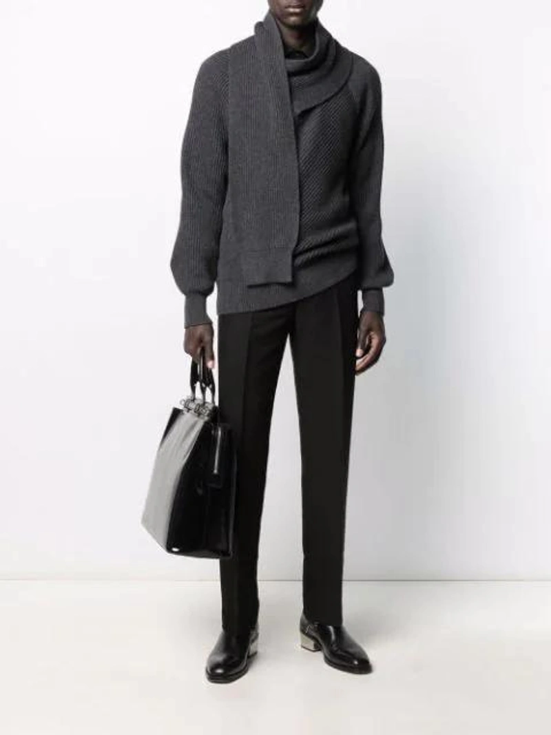 Farfetch's Post | Wearing: Alexander Mcqueen Alexander Mc Queen Sneakers Tread Slick In Black; Alexander Mcqueen Scarf-neck Wool Jumper In Grey; Ami Alexandre Mattiussi Pleated Carrot Fit Trousers In Black