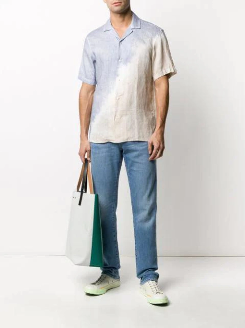 Farfetch's Post | Wearing: Altea Baker Tie-dye Slubbed Linen-poplin Shirt In Blue; Frame High-rise Slim Fit Jeans In Blue; Marni Two-tone Coated Shopping Bag In White/green