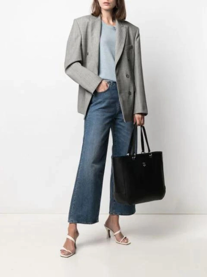 Farfetch's Post | Wearing: Reformation Crew Neck Cashmere Sweater In Blue; Totême High-rise Wide-leg Jeans In Blue; Wardrobe.nyc Grey Double-breasted Prince Of Wales Blazer In Grau
