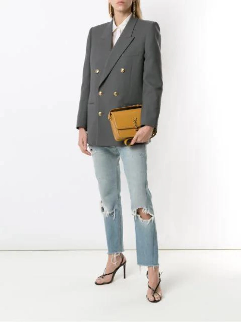 Farfetch's Post | Wearing: Saint Laurent Double-breasted Wool-twill Blazer In Grey; Saint Laurent Solferino Medium Leather Shoulder Bag In Yellow
