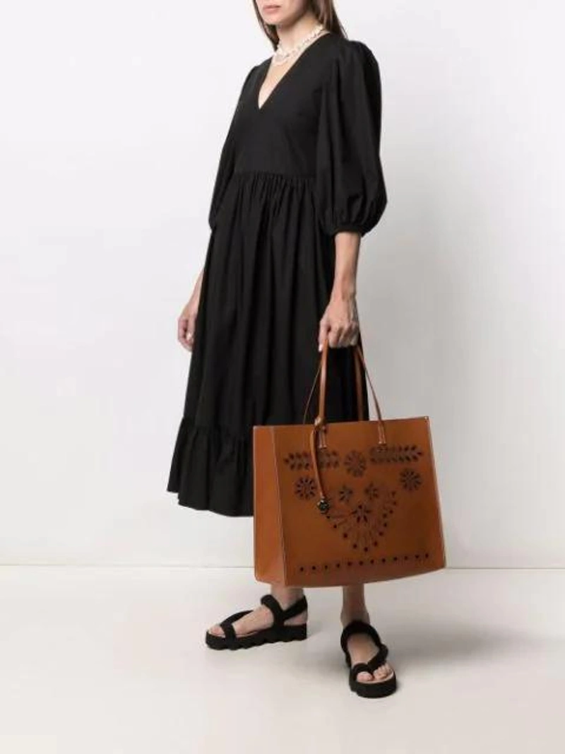 Farfetch's Post | Wearing: Red Valentino Puff-sleeve Poplin Midi-dress In Black; Redv Cut-out Detail Tote Bag In Brown; Rejina Pyo Gold-plated Baroque Drop Earrings