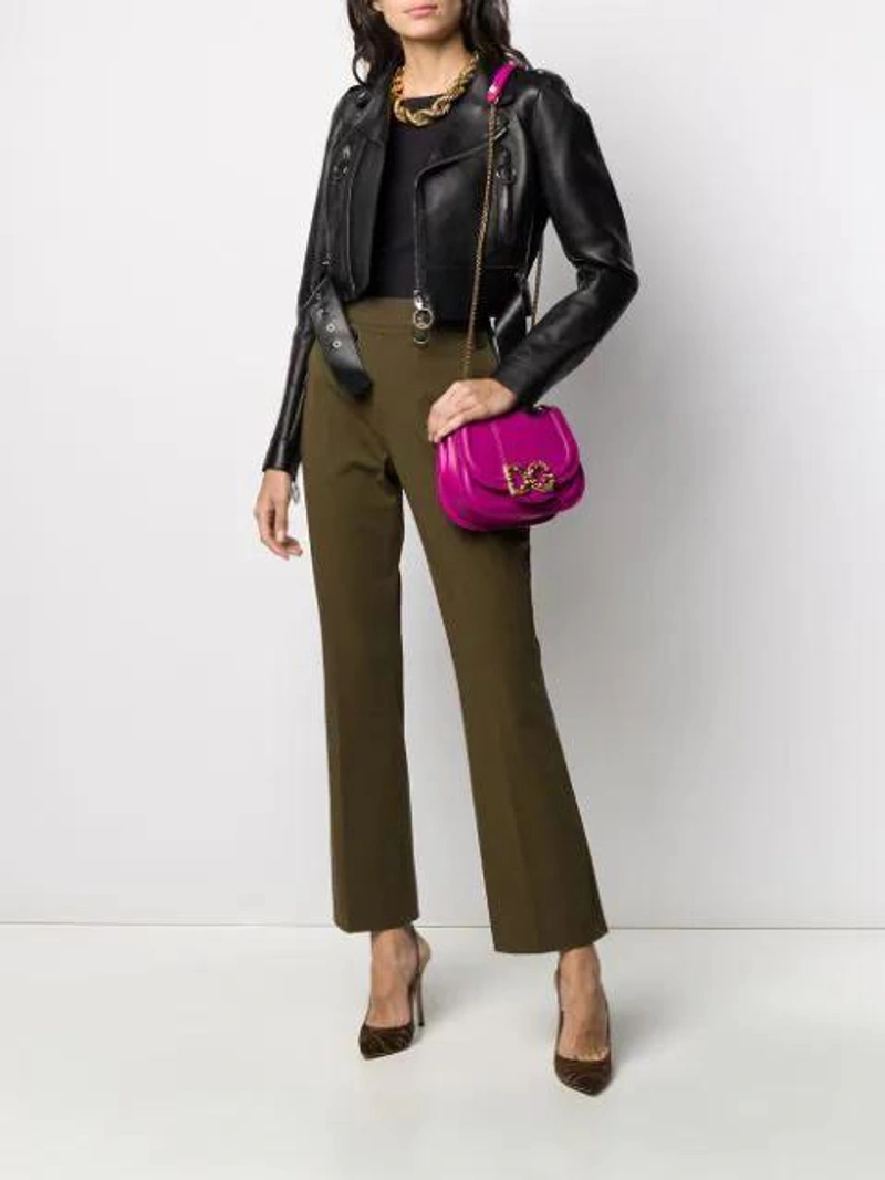 Farfetch's Post | Wearing: Helmut Lang Multi-button Detail Pleated Trousers In Green; Goldsign + Net Sustain Ribbed Stretch-jersey Tank In Black; Dolce & Gabbana Dg Amore Shoulder Bag In Purple