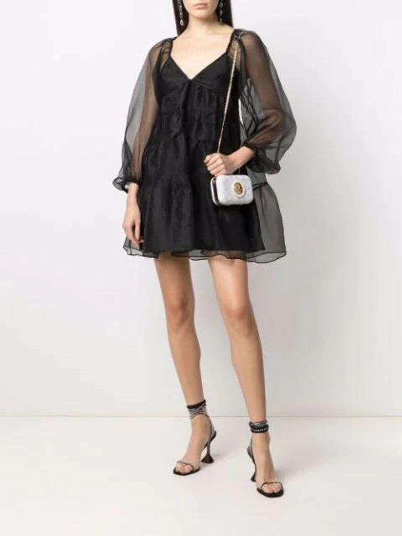 Farfetch's Post | Wearing: Staud Women's Meadow Crinkled Organza Mini Dress In Black; Elisabetta Franchi Logo Plaque Tweed Clutch Bag In Neutrals; Christopher Kane Crystal Drop Earrings In Silver