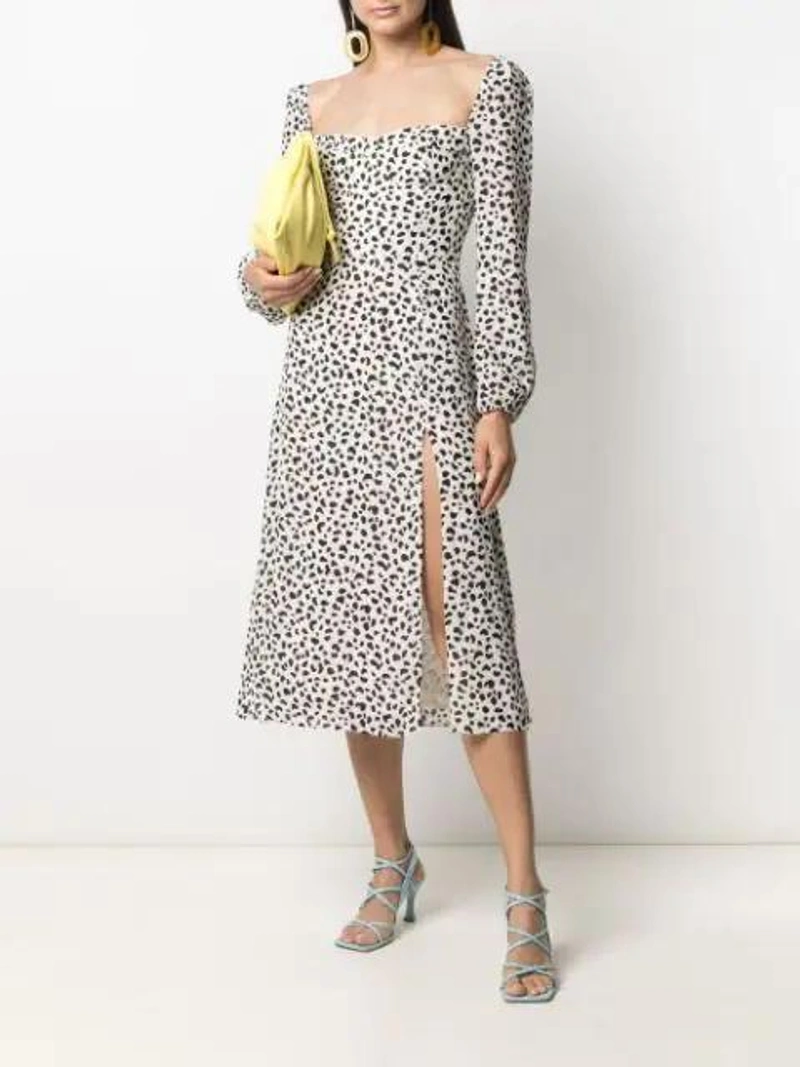 Farfetch's Post | Wearing: Reformation Dalmatian Print Midi Dress In White; Studio Amelia Mini Drawstring Leather Bag In Yellow; Anni Lu Stellar 18kt Gold-plated Pearl Necklace