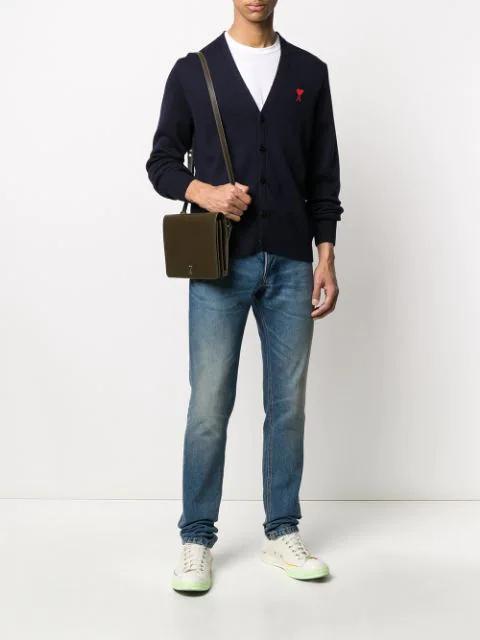 AMI ALEXANDRE MATTIUSSI Ami Paris Logo Embroidered V-neck Cardigan In Animal Print