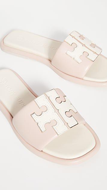TORY BURCH Double T Leather Medallion Slide Sandals In Dulce De Leche