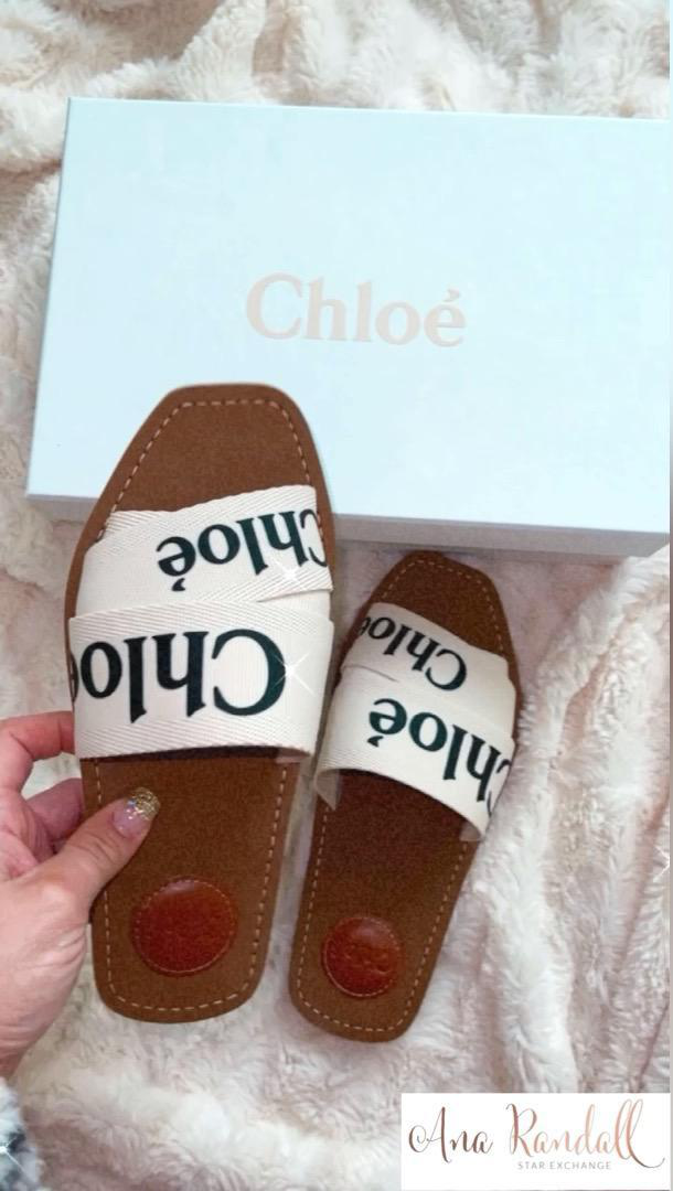 CHLOÉ Woody Flat Logo Ribbon Slide Sandals In White