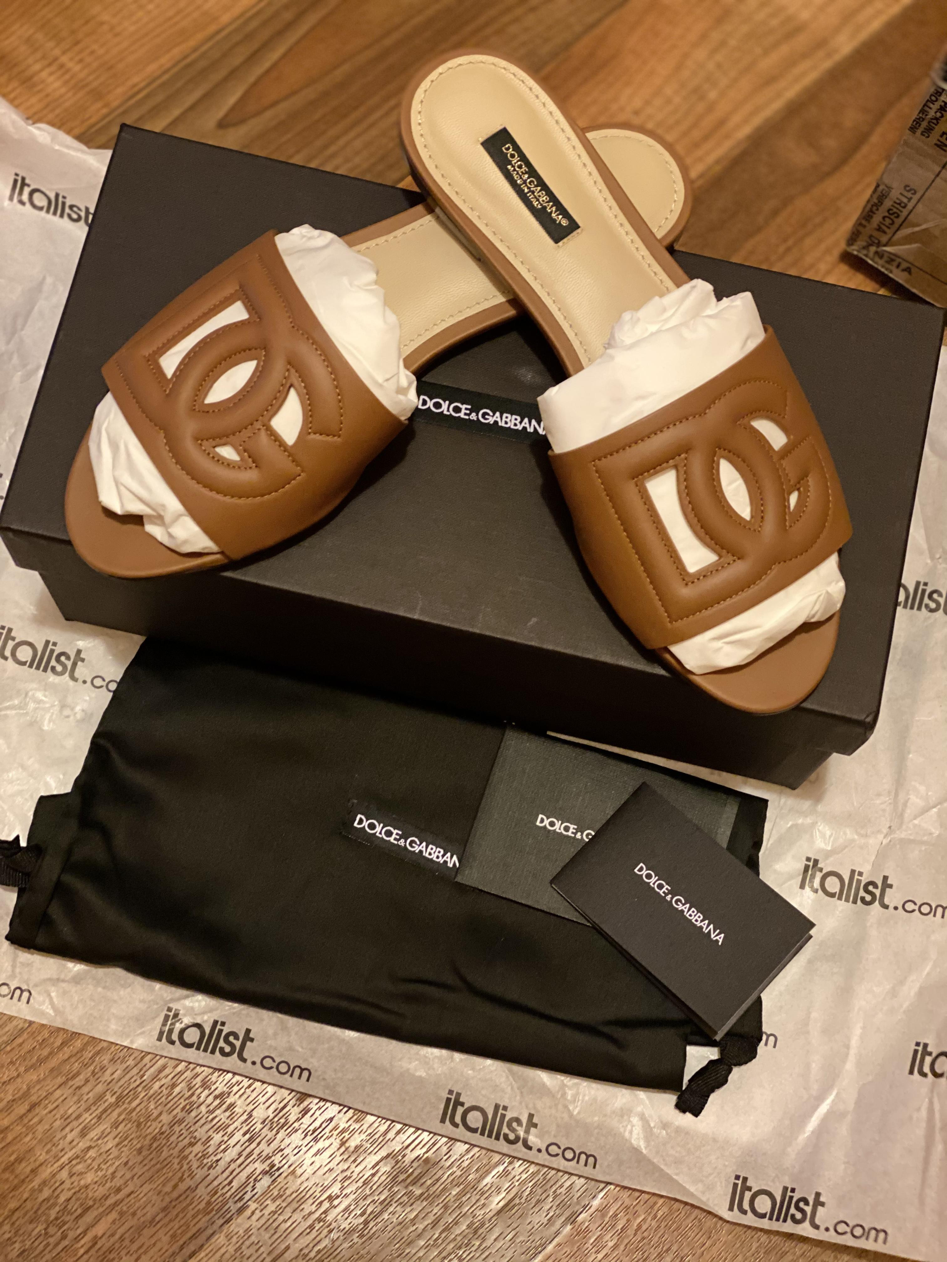 DOLCE & GABBANA Slide Sandals With Cut Out Logo In Leather Woman In Brown