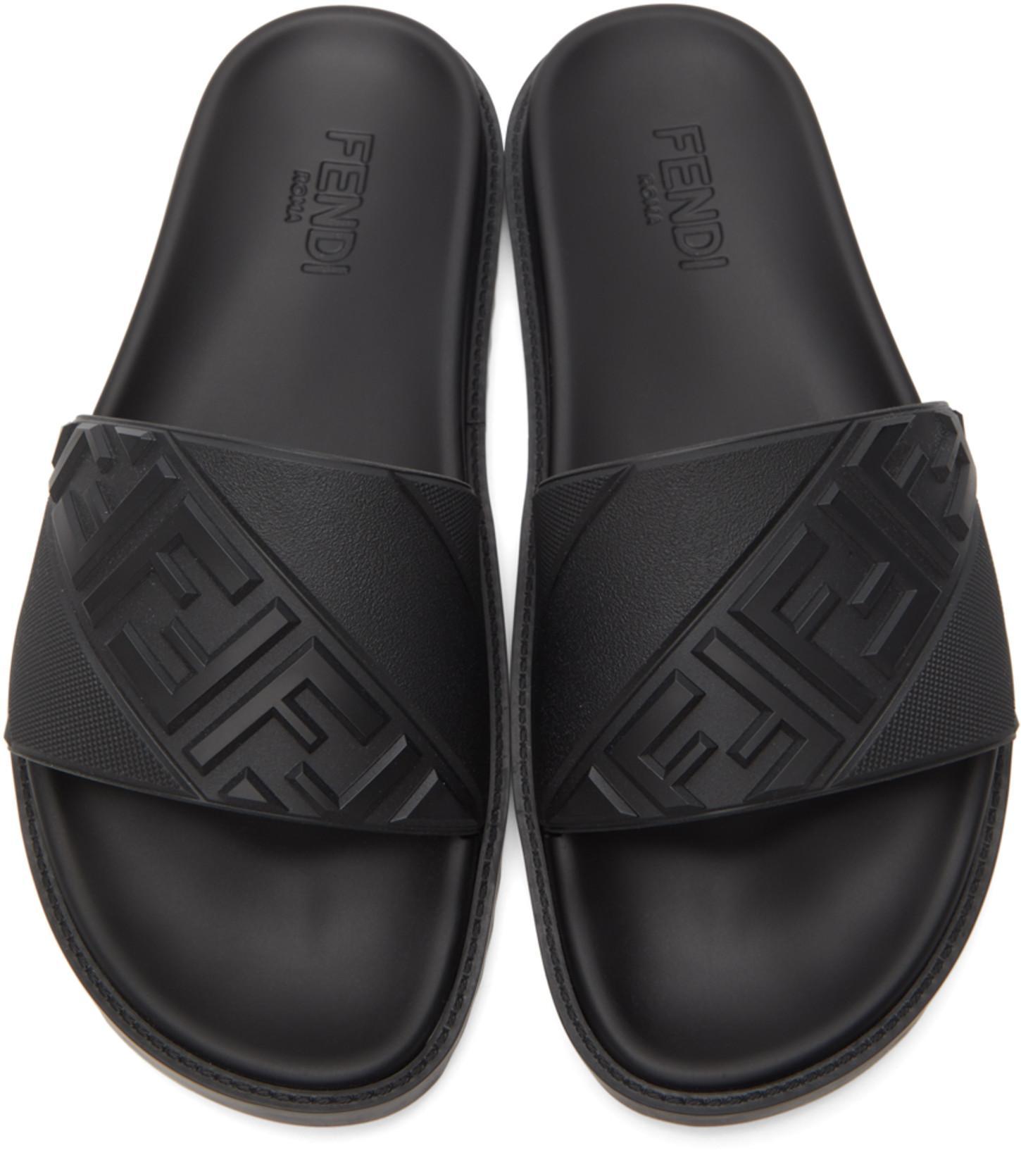 FENDI Rubber Slides With High Strap And Embossed Ff Motif Shoes In Black