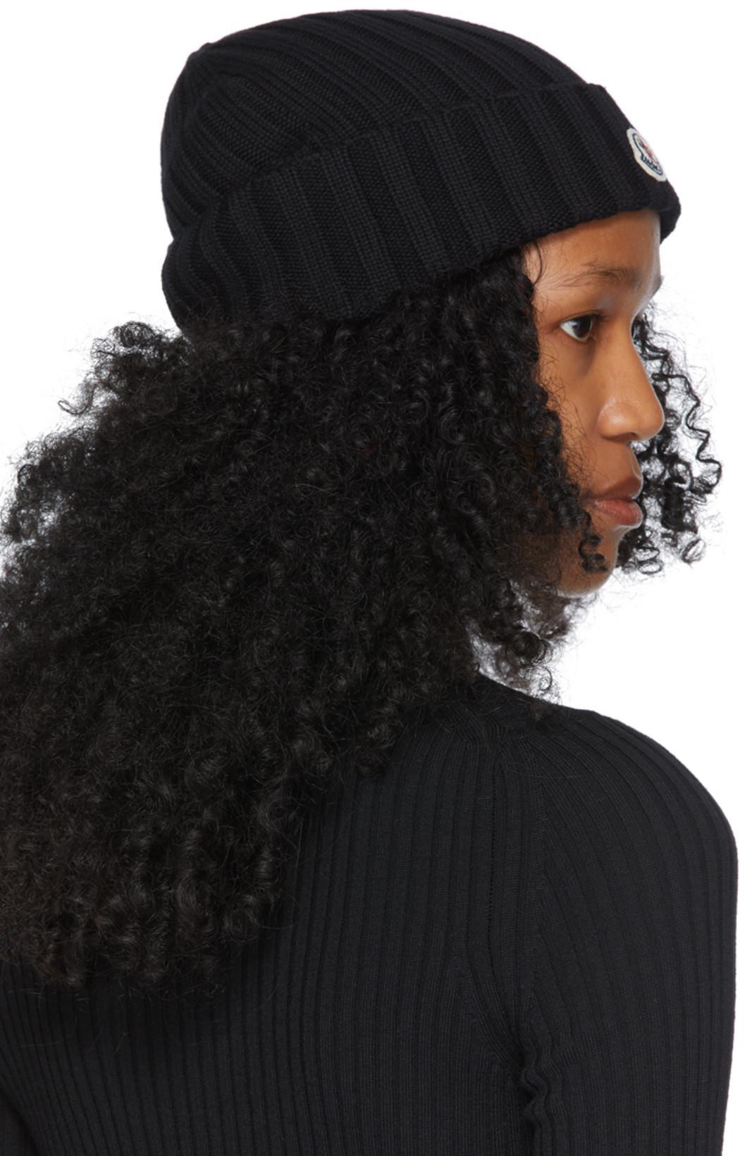 MONCLER Logo Patch Cuff Virgin Wool Rib Beanie In Black