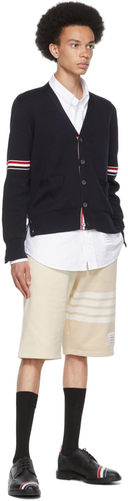 THOM BROWNE Tricolour Stripe Detail V-neck Cotton Cardigan In Blue