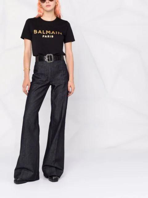 BALMAIN Cotton T-shirt With Gold Colored Logo Print In Black Gold