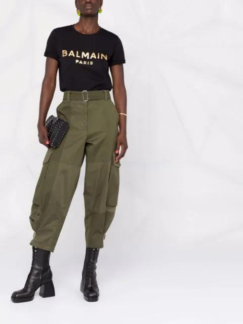 BALMAIN Cotton T-shirt With Gold Colored Logo Print In Black Gold
