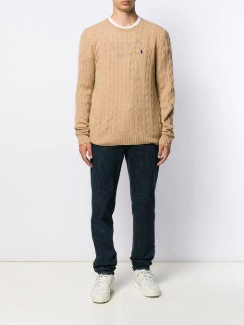 POLO RALPH LAUREN Beige Cable Knit Crewneck Sweater With Pony Embroidery On The Front In Wool And Cashmere Man In Nude